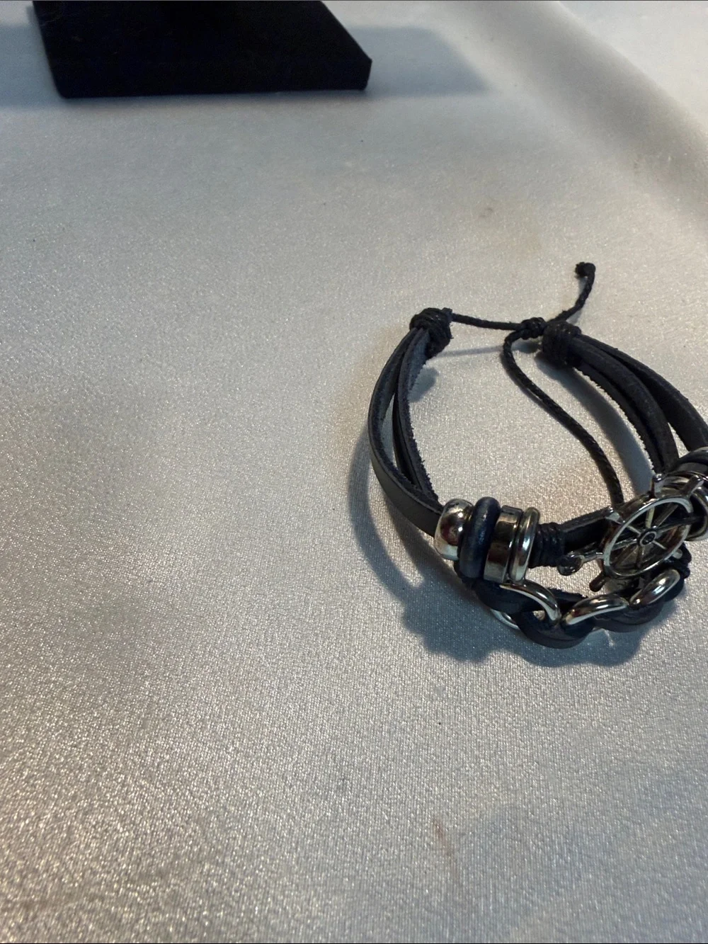 Source Unknown Black Leather Wrap Bracelet with Silver Nautical Wheel